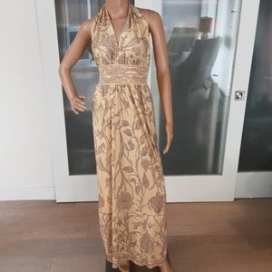 1970s Emilio Pucci Butter Color Leaf Print Stretch Silk Halter Dress